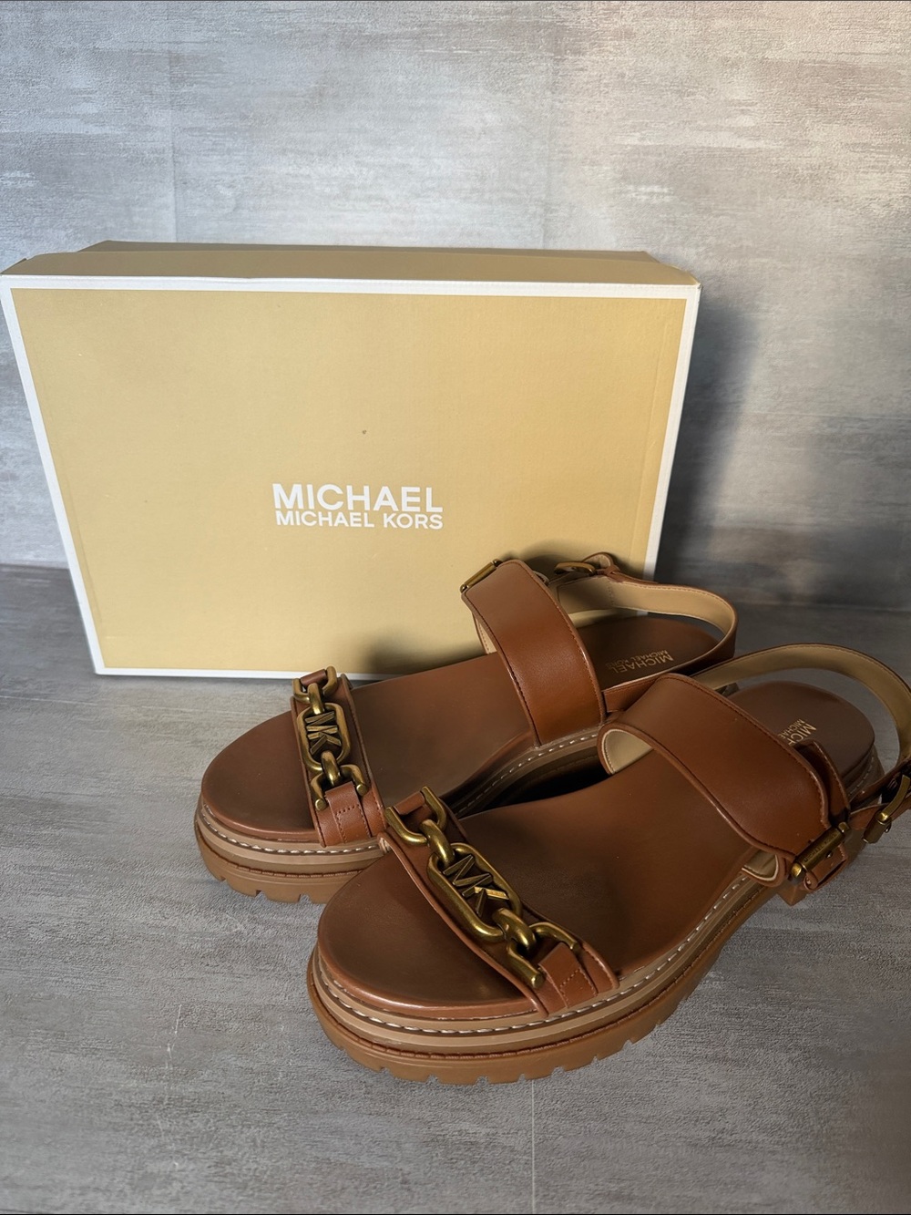 MICHAEL Michael Kors Tan Leather Chain-Trim Platform Sandals